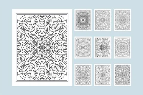 Flower mandala pattern bundle for coloring pages KDP interior. Mandala decora Stock Illustration