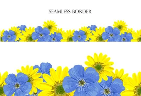 Flower meadow seamless vector border. repeating pattern blue pink yellow. Use Illustrazione stock