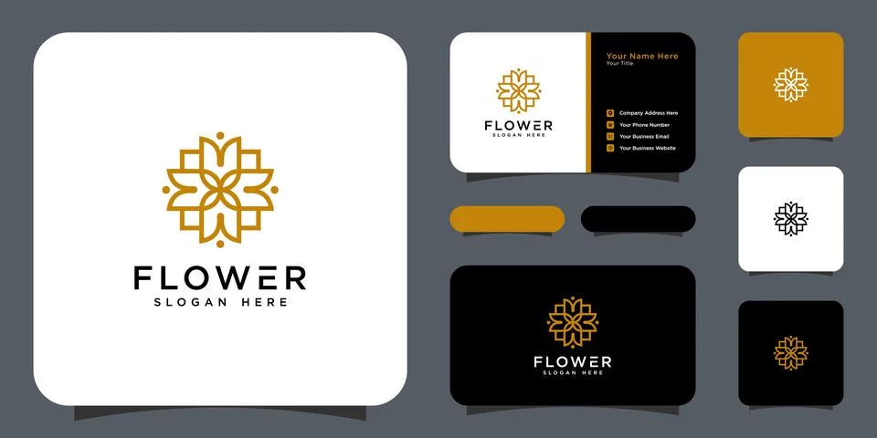 Flower mono line luxury logo with business card design Stock Illustration