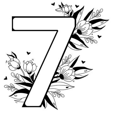 Flower number. Decorative floral pattern numbers seven. Big 7 with flowers, buds イラスト素材