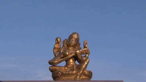 A flower offering during a puja to a small, bronze statue of the Indus goddess Vídeo Stock 104128982