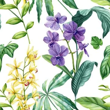 Flower orchid and leaves pattern watercolor, tropical pattern for textiles and Stock Illustration