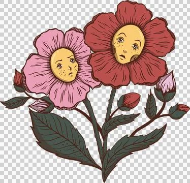 Flower pair is blending human faces and veined stems in vintage style, Ilustração Stock