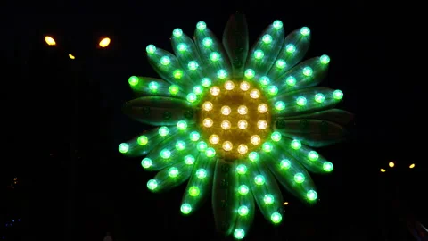 A flower in the park glowing at night with multicolored lamps Stock Footage 140468647
