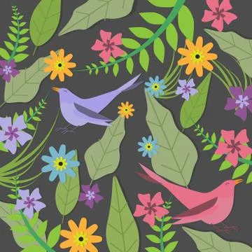 Flower Pattern and Birds - Vector Illustration Stock Illustration