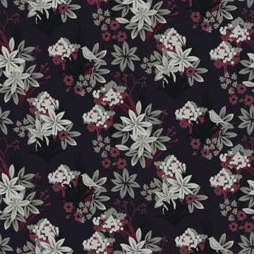 Flower pattern dark blue and red background with garden flowers. Stock Illustration