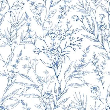 Flower pattern, floral bell drawing. Blue herb and leaf, classic beautiful Stock Illustration