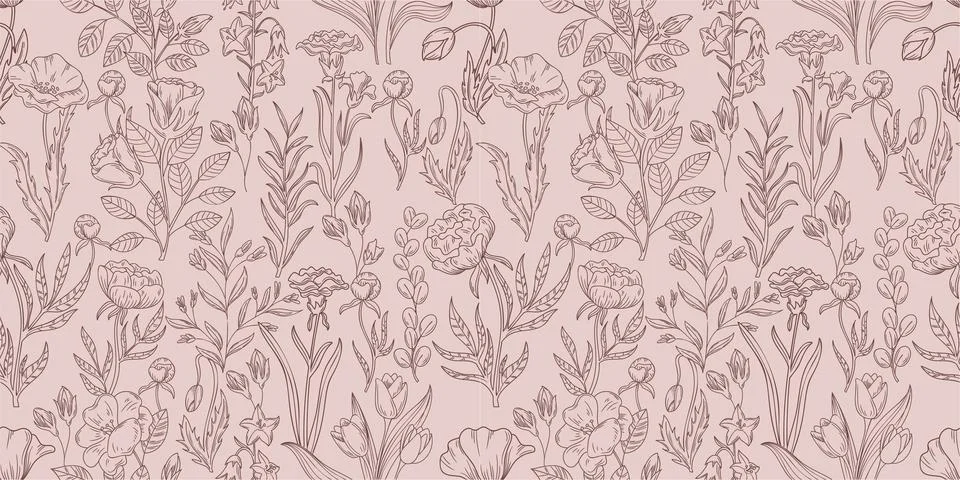 Flower pattern. Floral drawing background, bell and peony, herb leaf. Garden art Stock Illustration