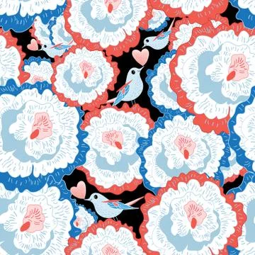Flower pattern with love birds Stock Illustration