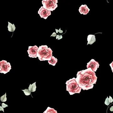 Flower pattern. Red roses and leaves on a black background. (2) Ilustración de archivo