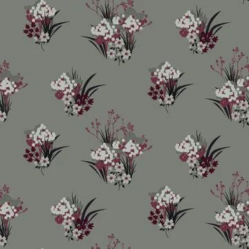 Flower pattern sage green and red background with garden flowers. 스톡 일러스트