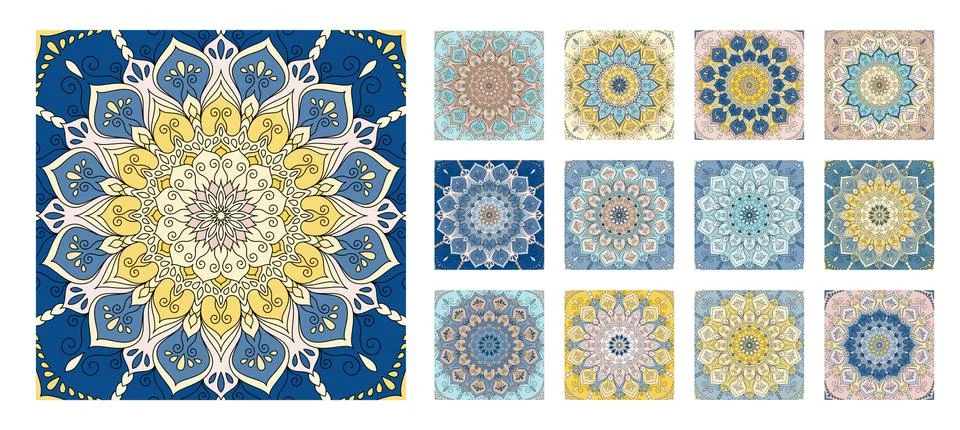FLower Pattern Tile Blue Yellow Mandala Stock Illustration