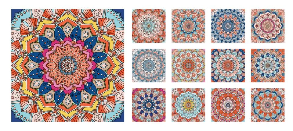 FLower Pattern Tile Blue Yellow Orange Mandala Stock Illustration