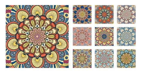 FLower Pattern Tile Blue Yellow Orange Mandala Stock Illustration