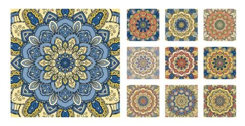 FLower Pattern Tile Blue Yellow Orange Decoration Illustrazione stock