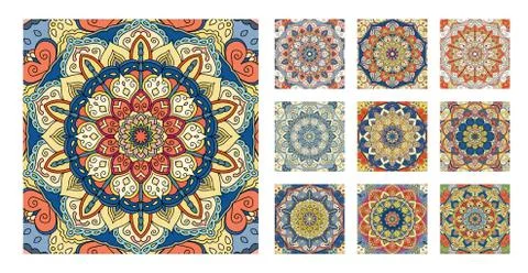 FLower Pattern Tile Blue Yellow Orange Ornament Stock Illustration