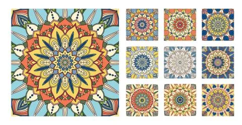 FLower Pattern Tile Blue Yellow Orange Ornament 스톡 일러스트