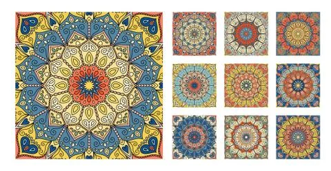 FLower Pattern Tile Blue Yellow Orange Mandala Stock Illustration