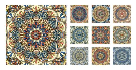 FLower Pattern Tile Blue Yellow Orange Mandala Stock Illustration