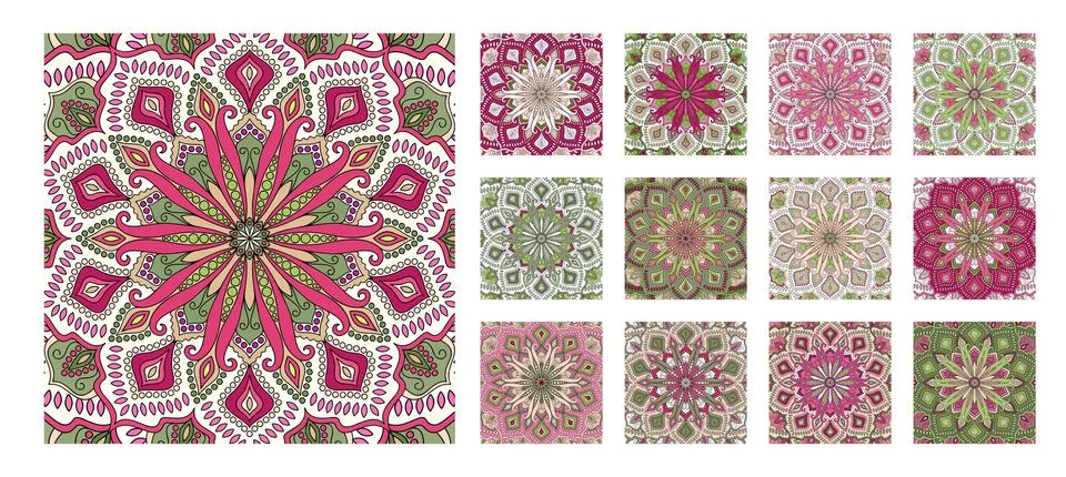 FLower Pattern Tile Pink Green Mandala Stock Illustration