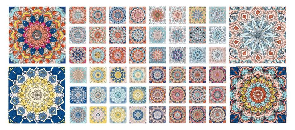Flower pattern tiles set. Intricate floral ornament. Round decorative elements イラスト素材