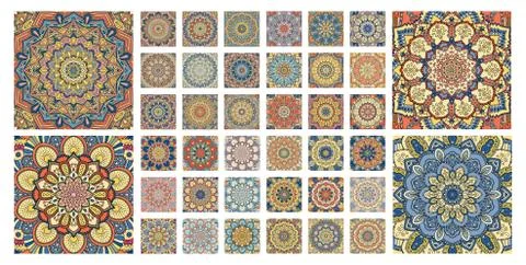 Flower pattern tiles set. Intricate floral ornament. Round decorative elements Stock Illustration