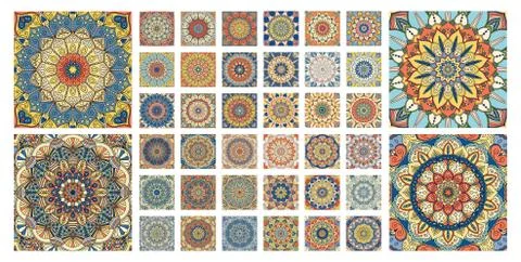 Flower pattern tiles set. Intricate floral ornament. Round decorative elements Stock Illustration