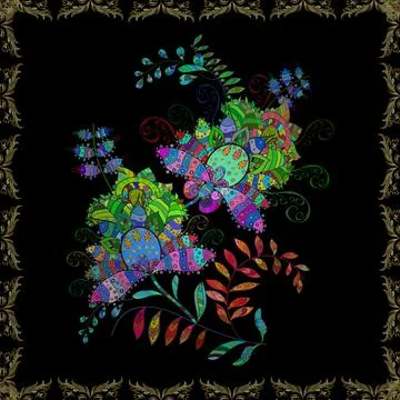 Flower pattern vector, green, blue and black line graphic pattern abstract vecto イラスト素材