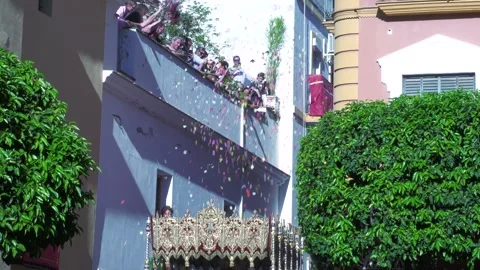 Flower Petals Falling on Holy Week Procession in Spain Stock Footage 336007602
