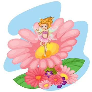 A flower pixie above a big pink flower Stock Illustration