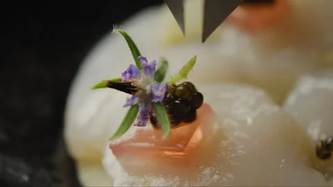 Flower placed on scallops extreme closeup Stock Footage 274678166