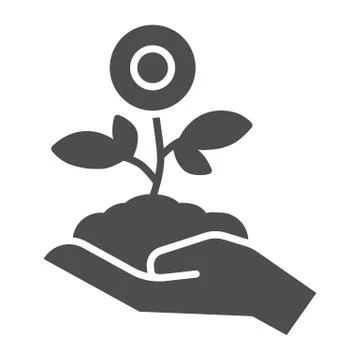 Flower plant in hand solid icon, spring concept, Flower in soil on human hand Stock Illustration