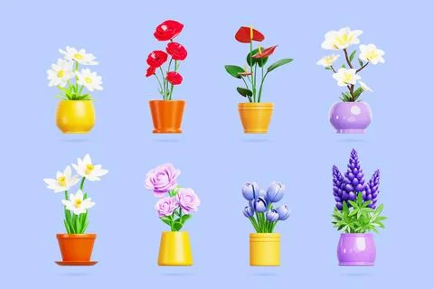 Flower in pot 3d render set. Realistic house and garden plant with blossom of Stock Illustration
