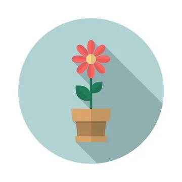 Flower in pot circle icon with long shadow. Flat design style. Stock Illustration