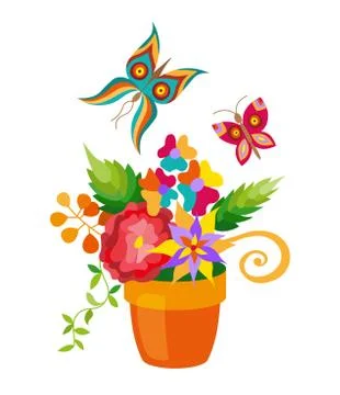 Flower pot with different flowers set, flat style. Stock Illustration