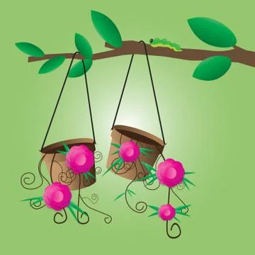 Flower pot hanging on a tree. Stock Illustration