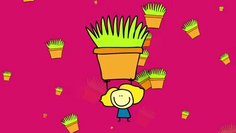 Flower pots floating emerging and fading in the background with a little happy Stock Footage 130347787