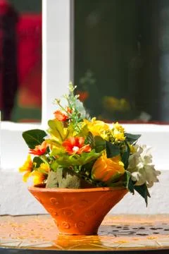 Flower pots on table Stock Photos