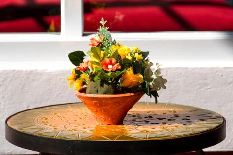 Flower pots on table Stock Photos