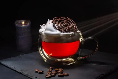 Flower, printed with chocolate on a 3D printer, on a cup of coffee with cream Stock Photos