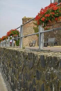A flower railing along a wall in front of a brick building, Rees. Germany Fotos de archivo
