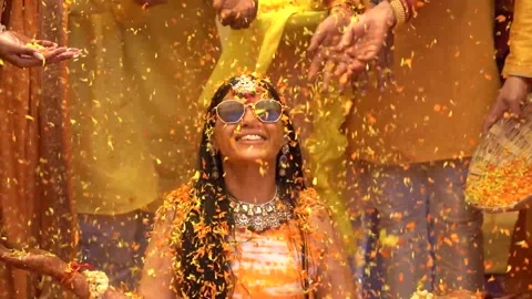 The Flower Rain on the Indian Bride during haldi ceremony Stock-Footage 265133364