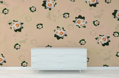 Flower roses wall with white commode dresser Illustrazione stock