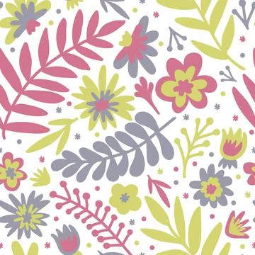 Flower. Scandinavian doodle seamless pattern with colorful flowers and leaves Illustrazione stock