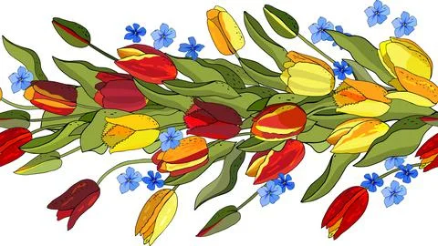 Flower seamless horizontal border isolated on white background. Endless patte Stock Illustration