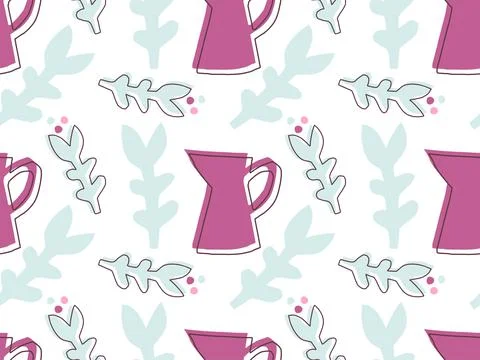 Flower seamless pattern. Colored hand drawn sketch isolated on white. Silhouette Stock Illustration