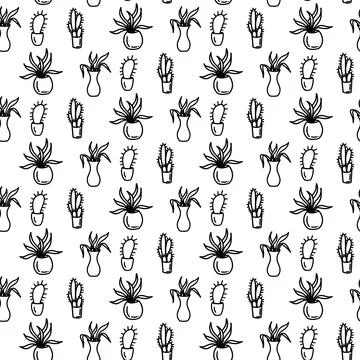 Flower seamless pattern with leaves and dots. Doodle black and white background Stock Illustration