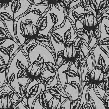 Flower seamless pattern from roses and bushes in modern silhoulette style Stock Illustration