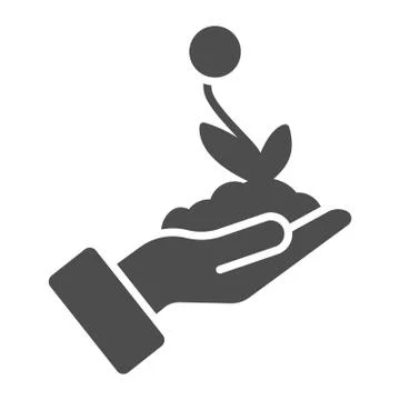 Flower seedling with soil in hand solid icon, save nature concept, flower in 스톡 일러스트