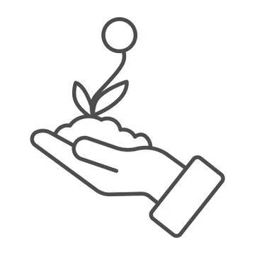 Flower seedling with soil in hand thin line icon, save nature concept, flower in Illustration